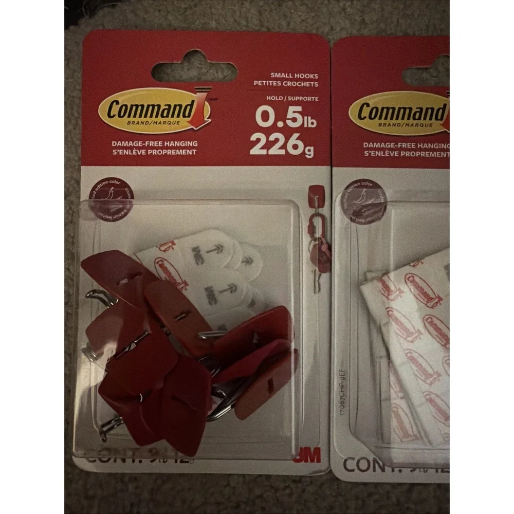 3M Command Red Small Wire Hooks -9 Hooks, 12 Strips - holds .5lbs Lot of 3